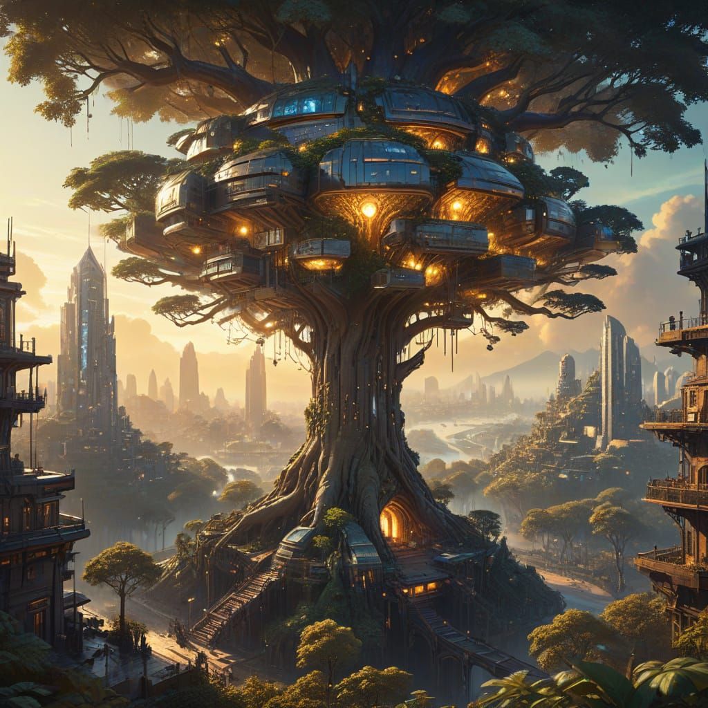 Futuristic City on Giant Tree Concept Art