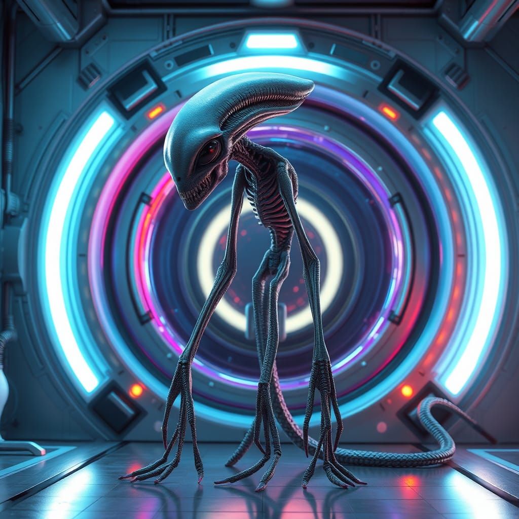 Alien in Futuristic Lab with Neon Portal