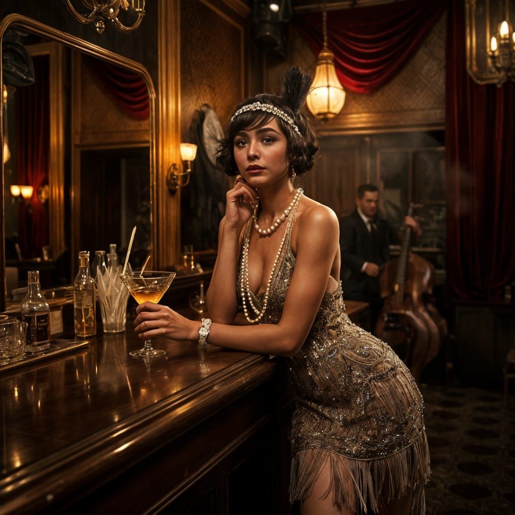 Elegant Flapper at 1920s Speakeasy in Noir Style
