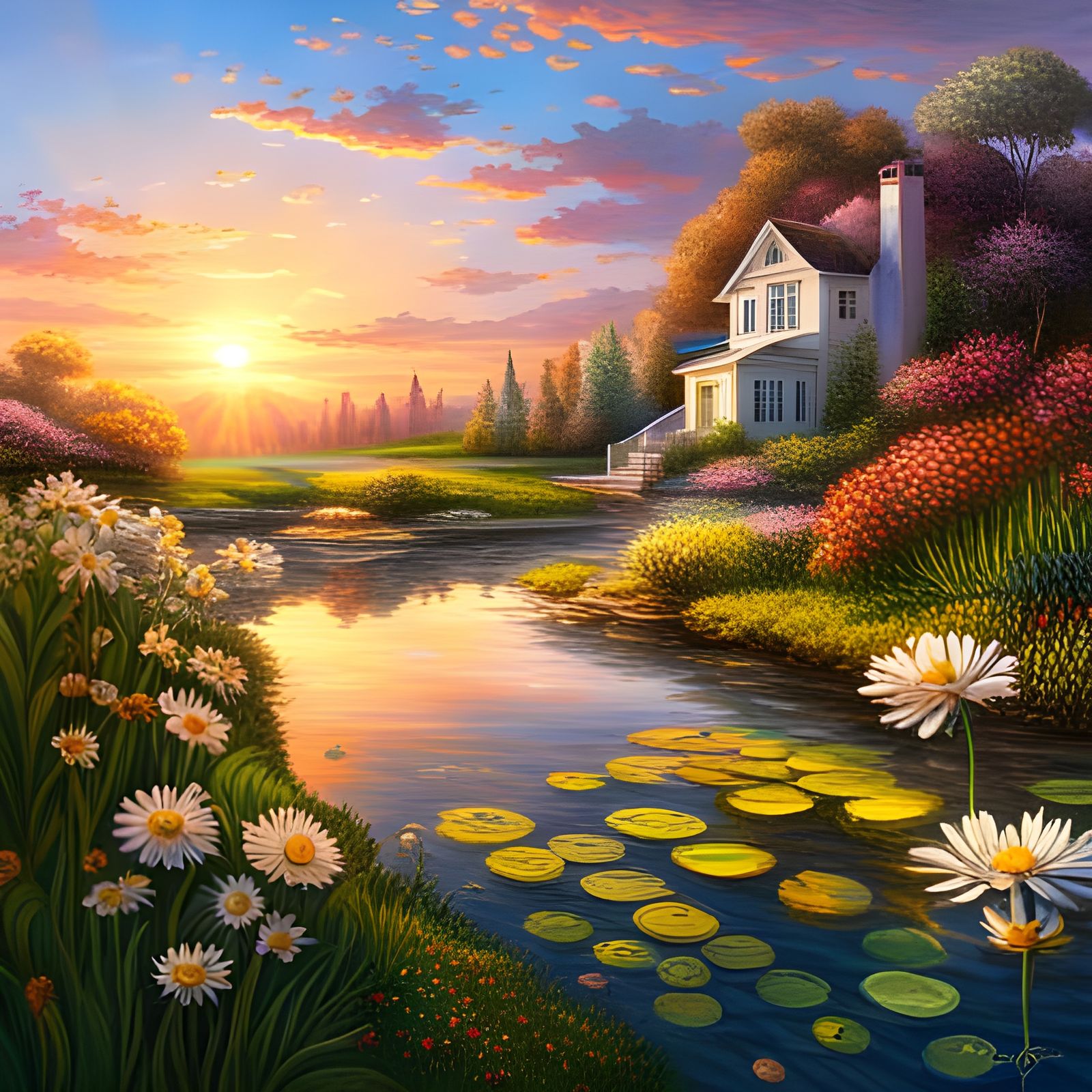Spring Garden Sunset in Hyperrealistic Splash Art