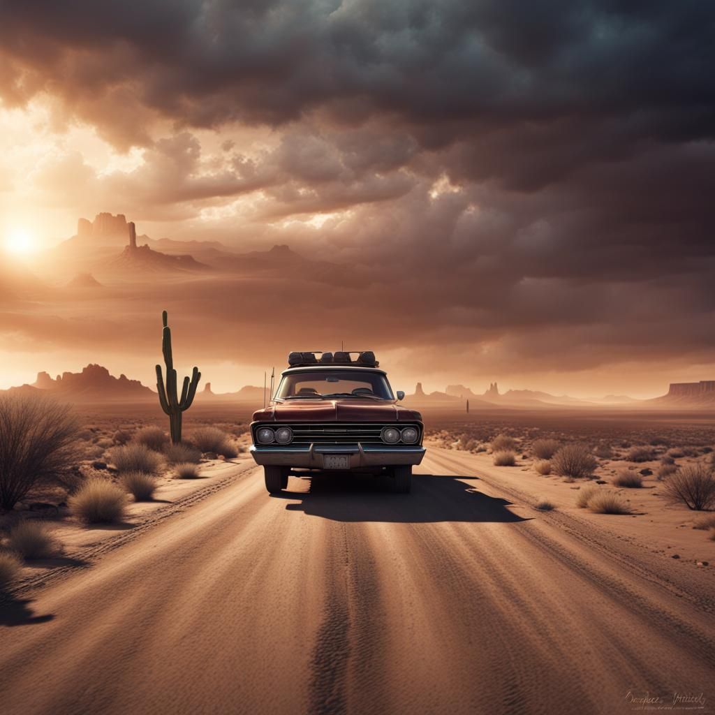 Lone Car on Desert Road with Apocalyptic Sky