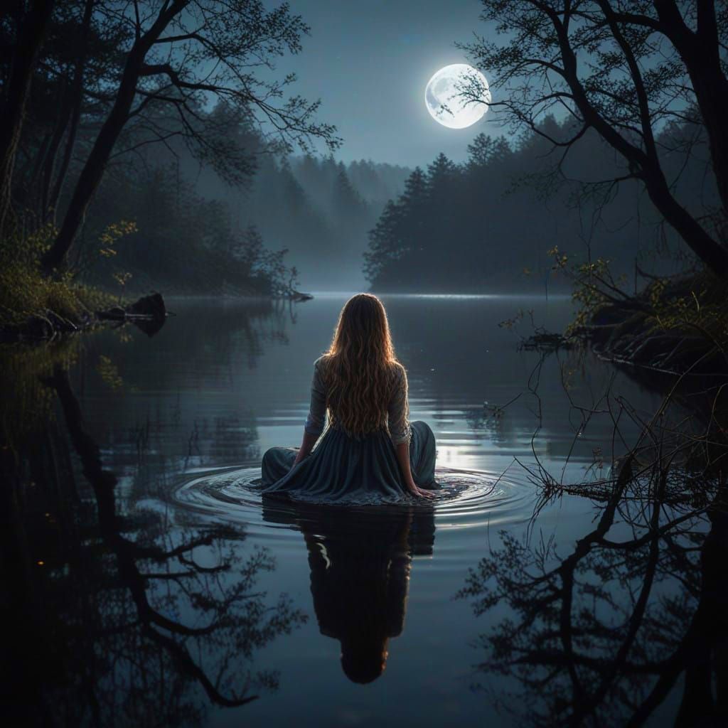 Ethereal Goddess Surrounded by Lunar Lake and Dark Reflectio...