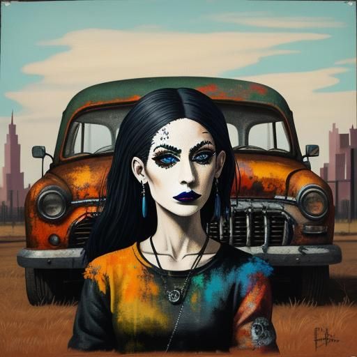 Goth Model and Car in Picasso-esque Abstract Art