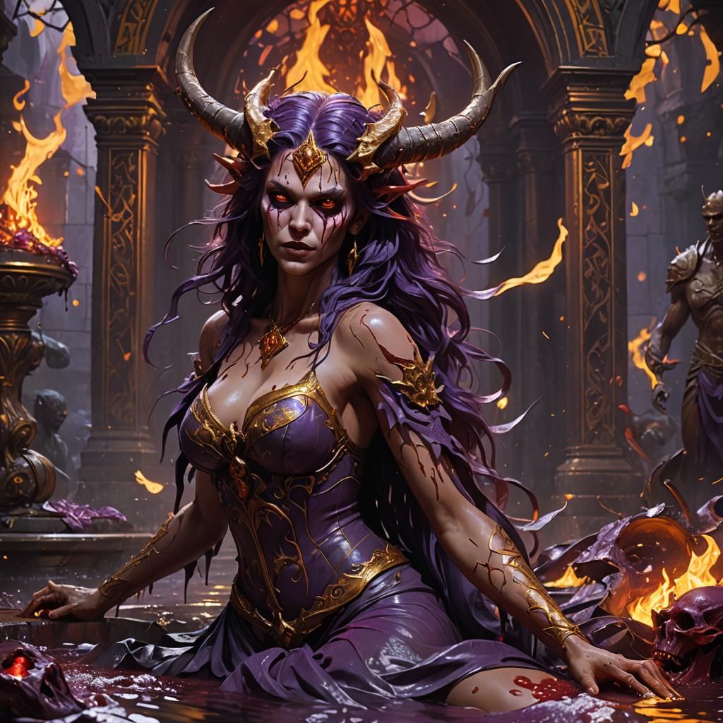 Detailed Demoness in Blood Bath, Dark Fantasy Art