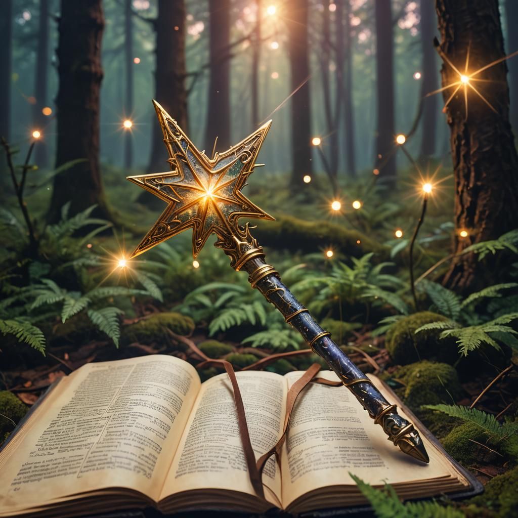Shimmering Wand Chooses Spellbook in Mystical Forest
