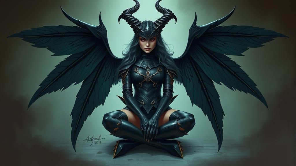 Demonic Woman with Four Wings in Shadow
