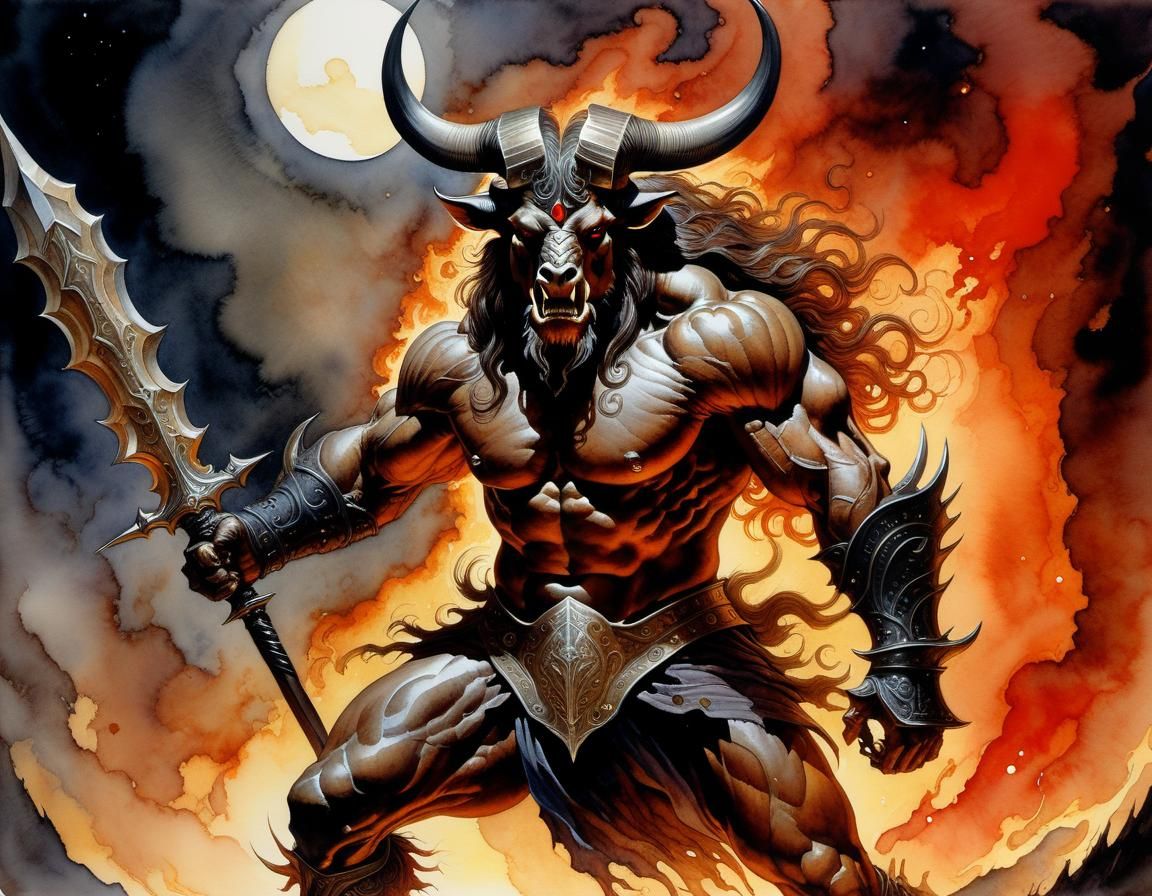 Fiery Minotaur Watercolor Battle with Wizard