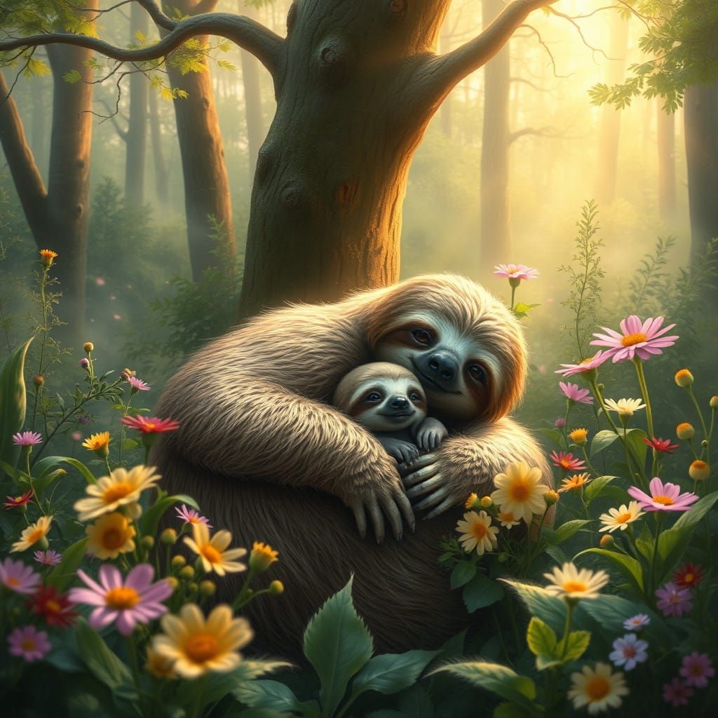 Serene Sloth Mother in Whimsical Forest Sanctuary