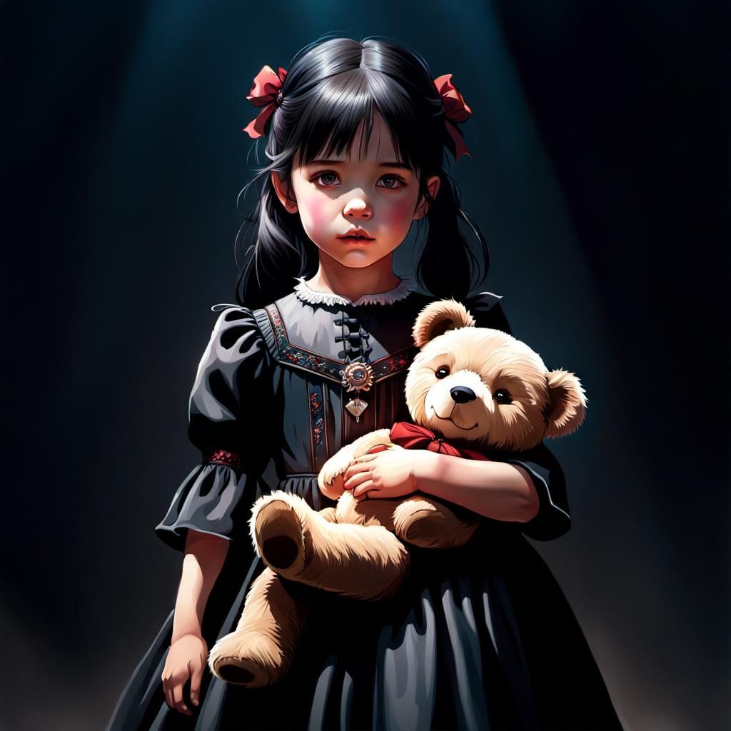 Gothic Child with Teddy Bear: Hyperdetailed Portrait