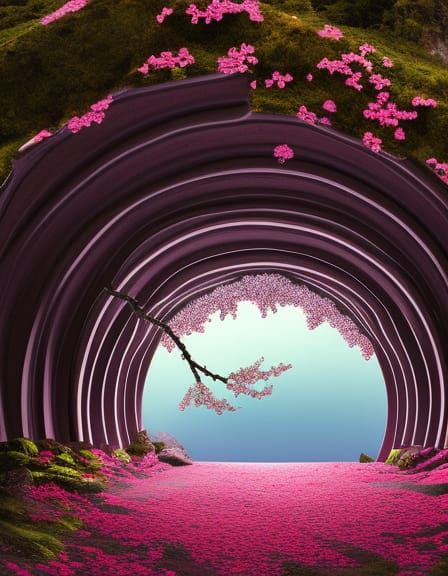 Cherry Blossom Branch Emerges from Volcano Portal