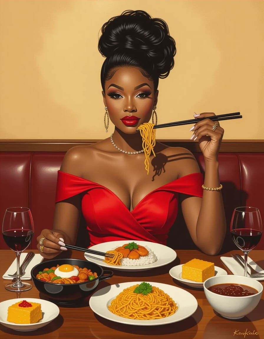 Black Women's Elegant Hibachi Dinner in Portrait Style