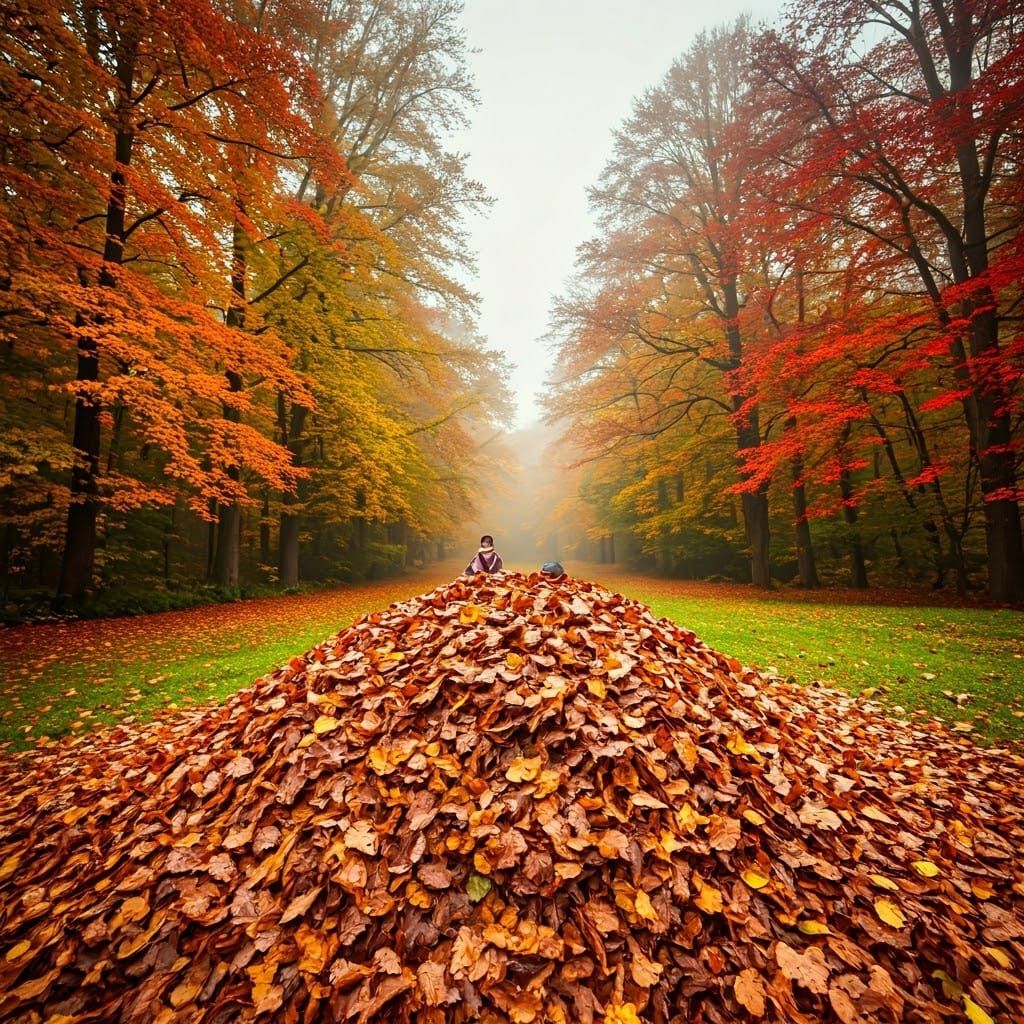 Children Playing in Autumn Leaves, Dreamlike Realism