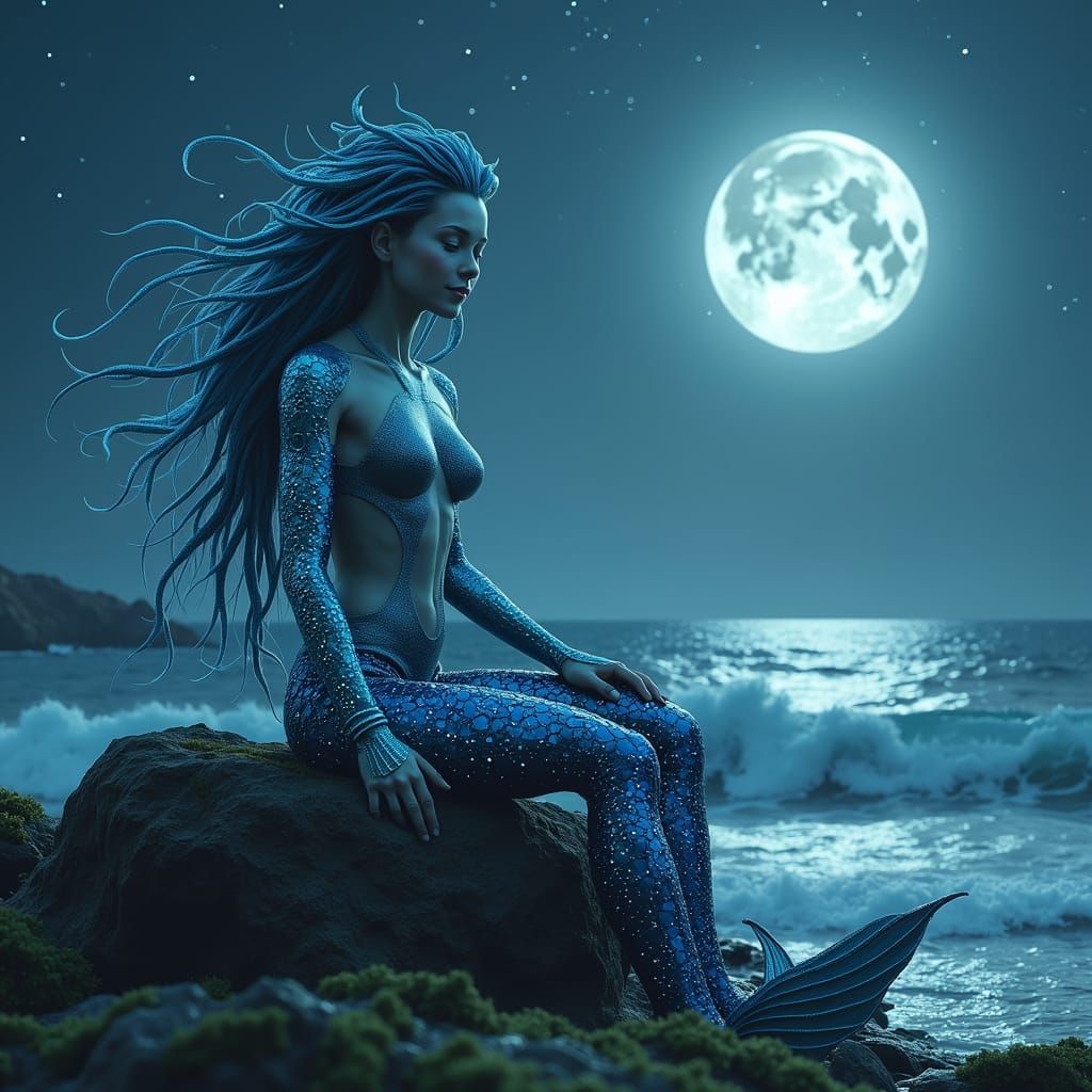 Cyber Mermaid Under Starry Sky in Digital Painting