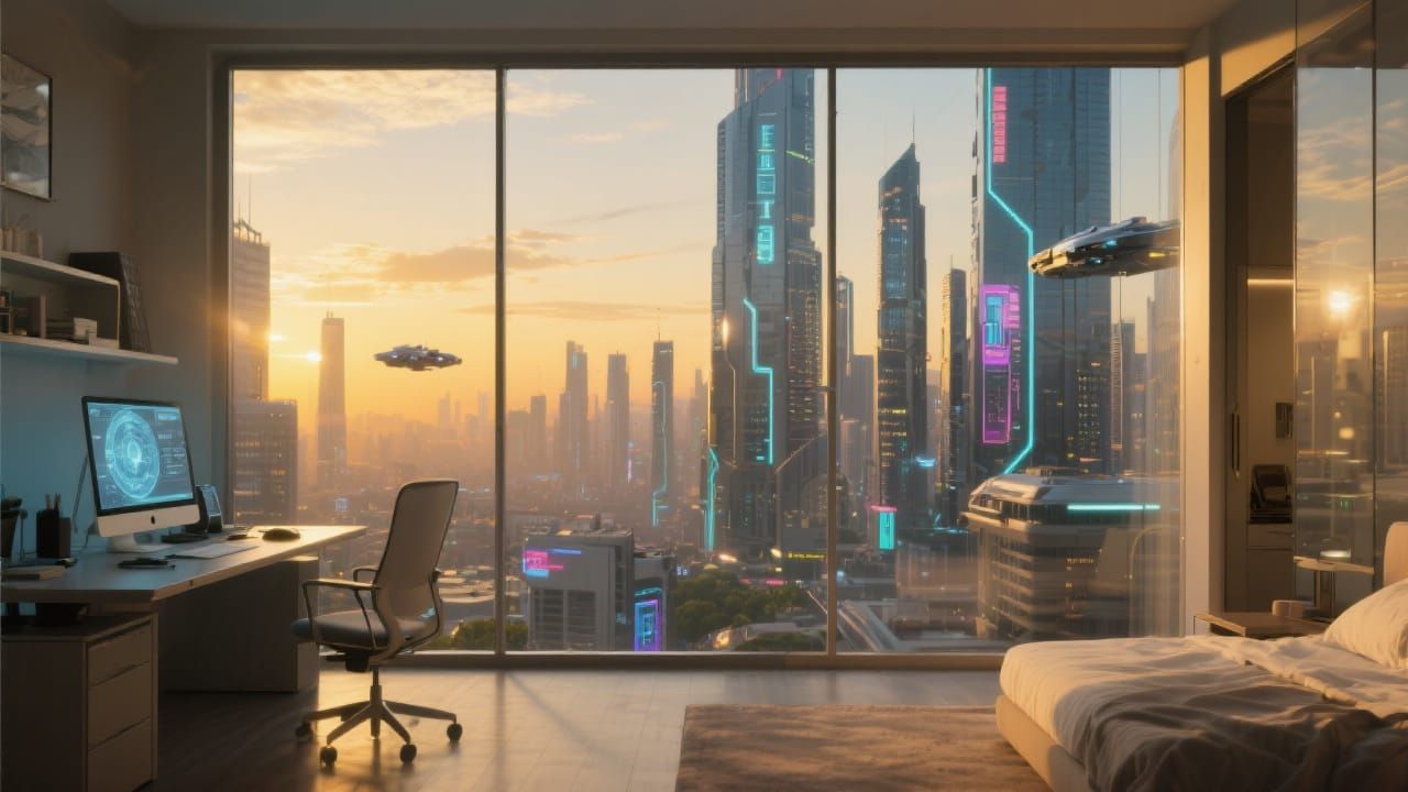 Futuristic Apartment with City View at Sunset