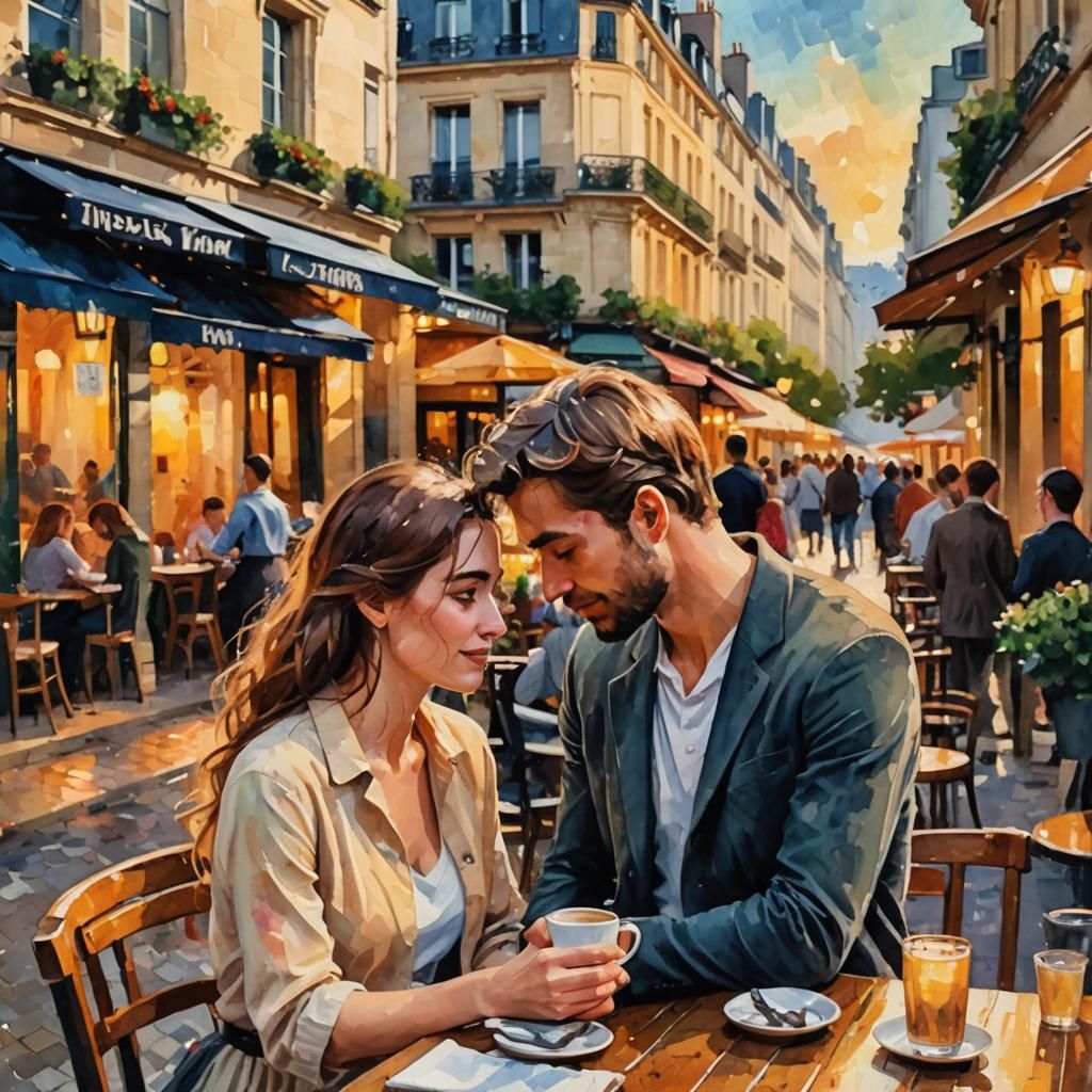 Parisian Cafe Embrace in Impressionist Style
