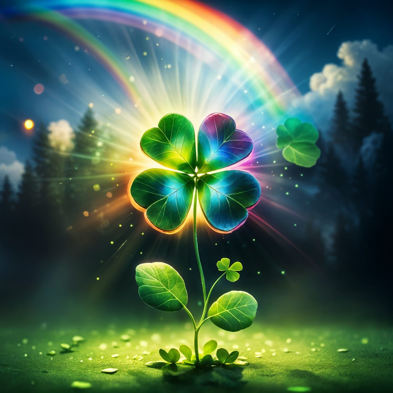 A lucky four-leaf clover glowing with a mystical aura with a rainbow in the background. Greg Rutkowski contrasting color...