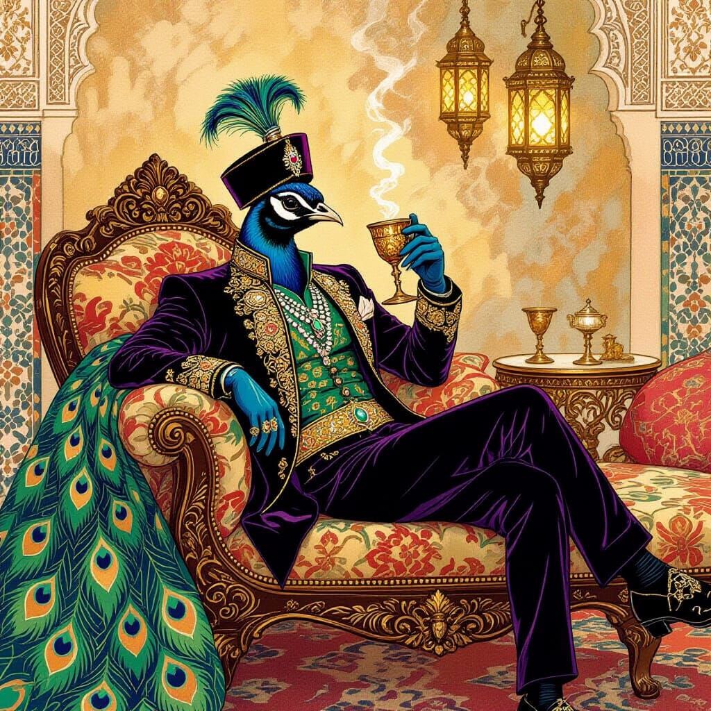 Regal Peacock in Moroccan Palace, Illustration Art