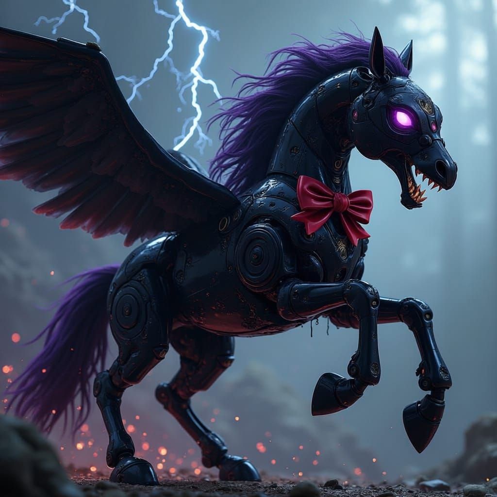 Robotic Pegasus Lightning with Red Bowtie in Neon Style