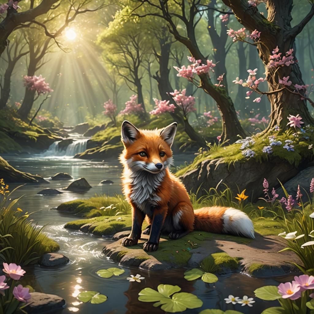 Baby Cross Fox in Spring Forest: Matte Painting