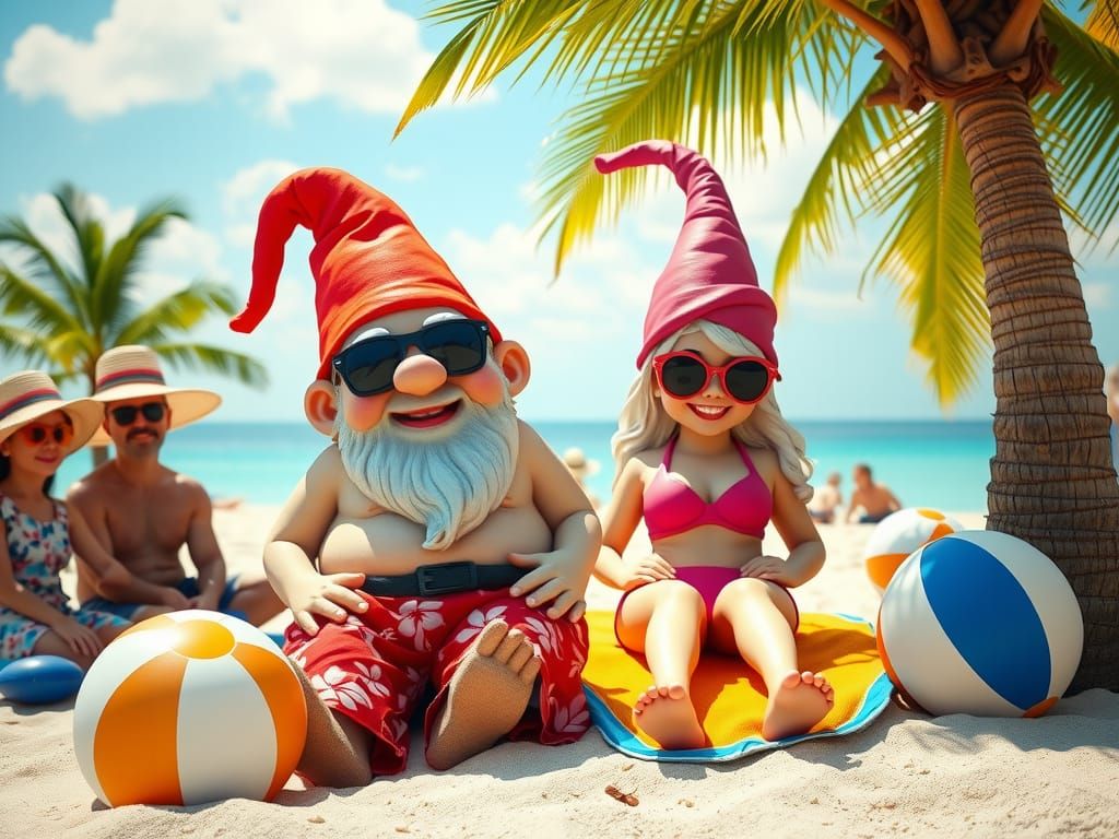 Gnome Couple's Beach Vacation in Whimsical Style