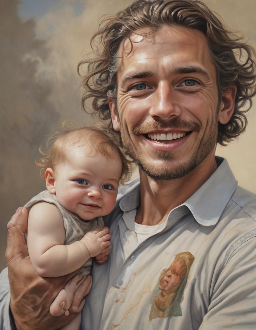"Realistic wavy hair man, expressive piercing eyes, holding a smiling happy baby up in the air; sun light in background;...
