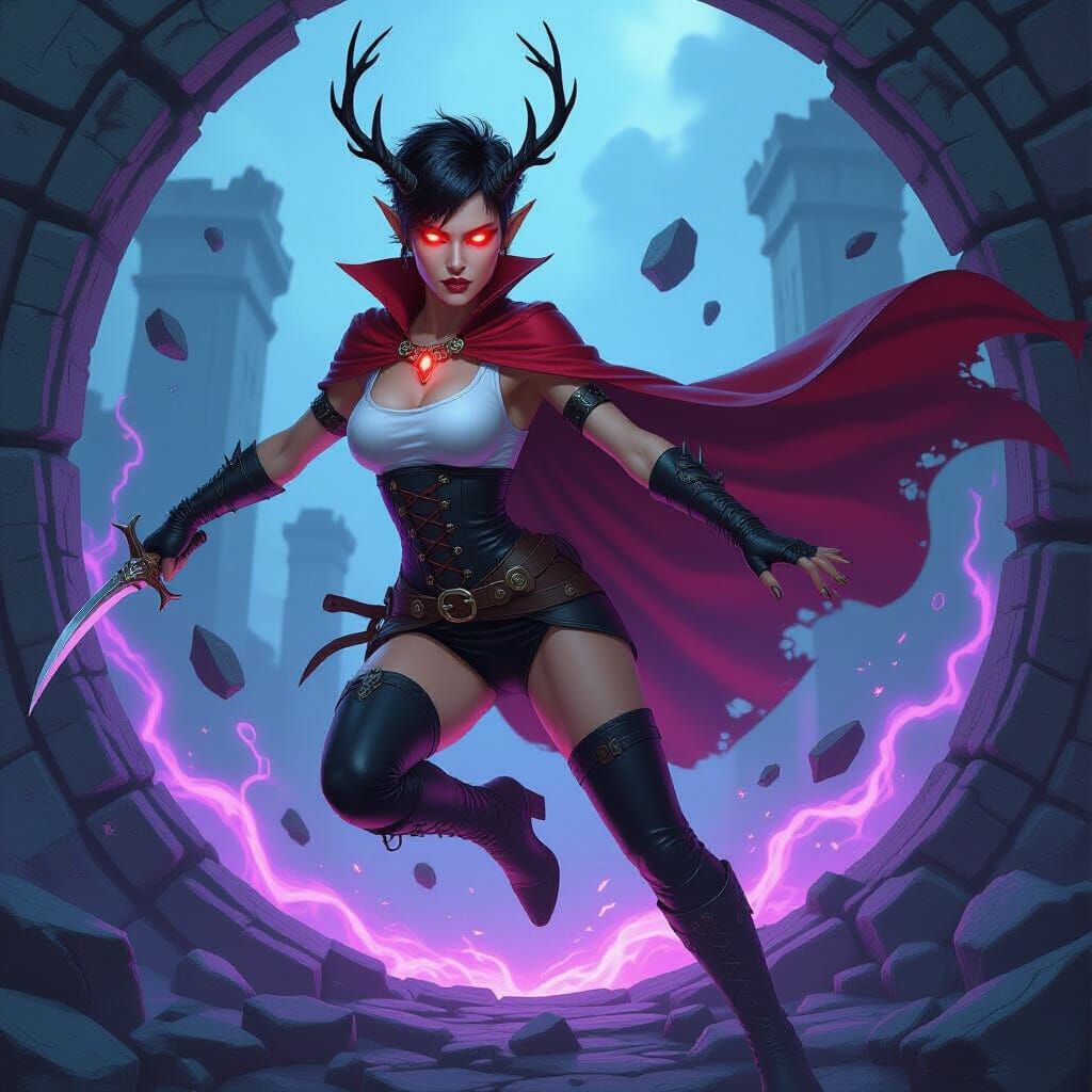 Elven Warrior Leaping Through a Rift, Dark Fantasy Art