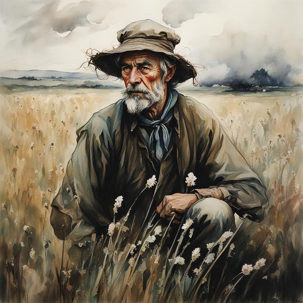 Peasant in Field, Arthur Rackham Style Portrait