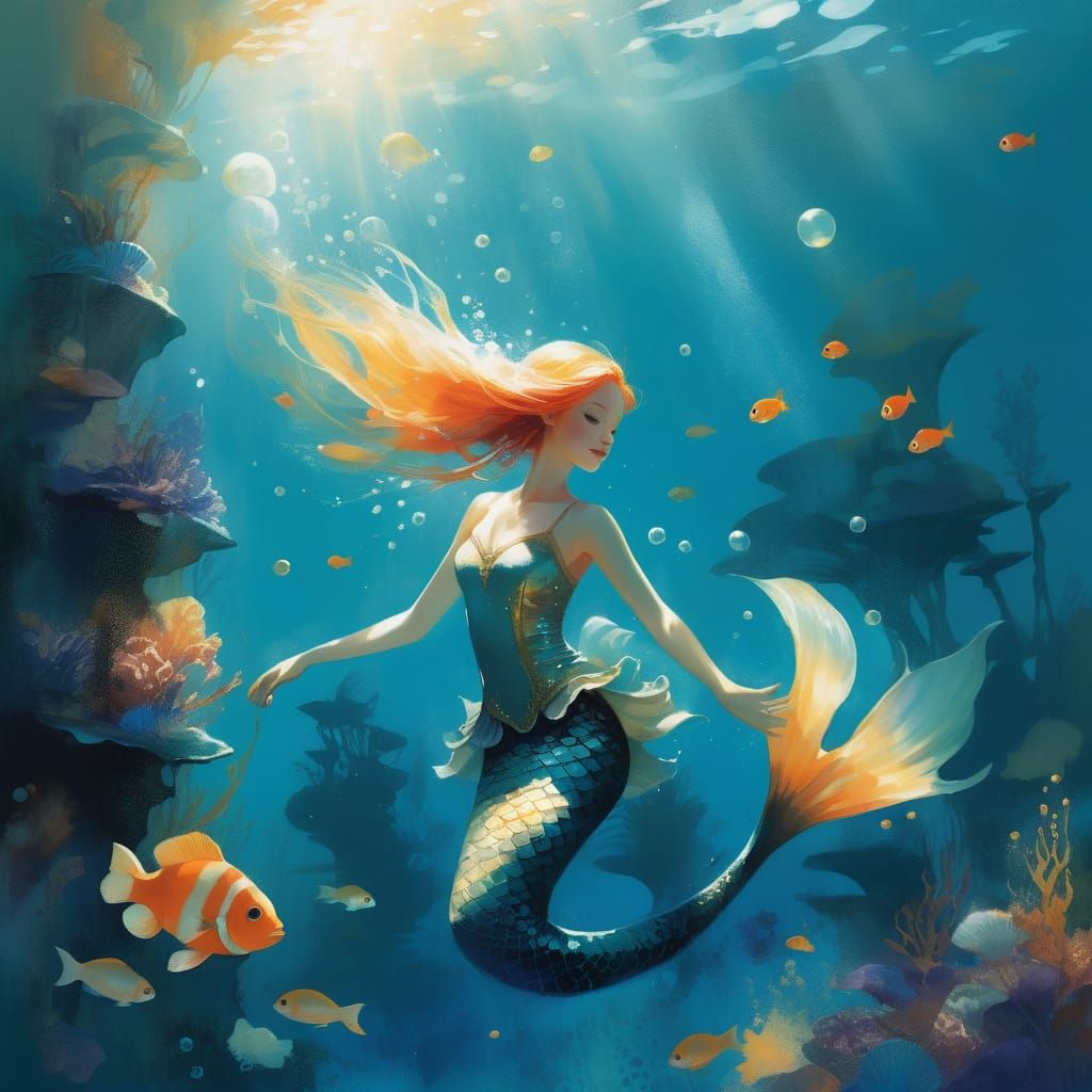 Whimsical Underwater Scene with Mermaid and Clownfish