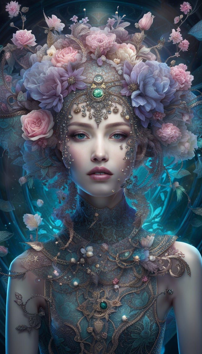 Elegant Alien Noblewoman Portrait with Flowers