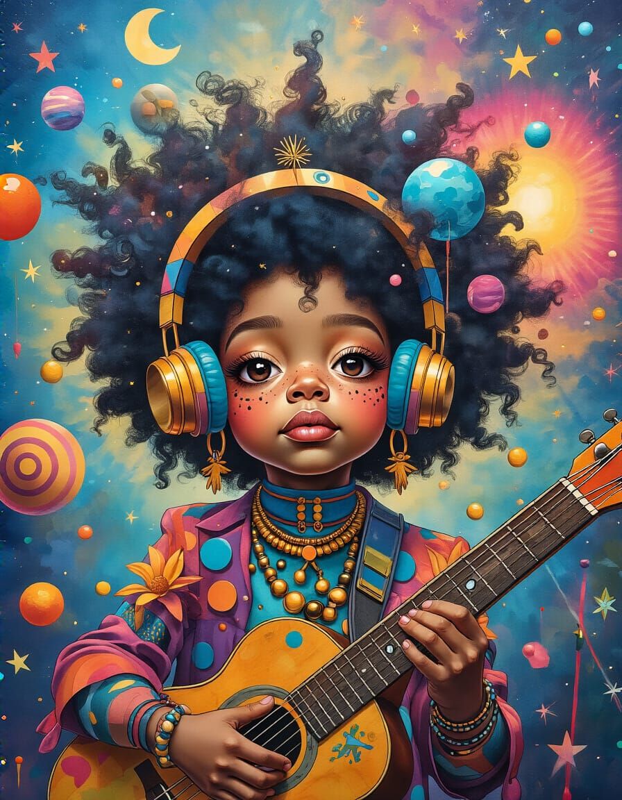 Afrofuturistic Acrylic Painting of Magical Musicians