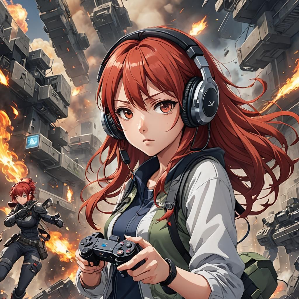 Fiery Anime Gamer Girl Concentrated on the Game