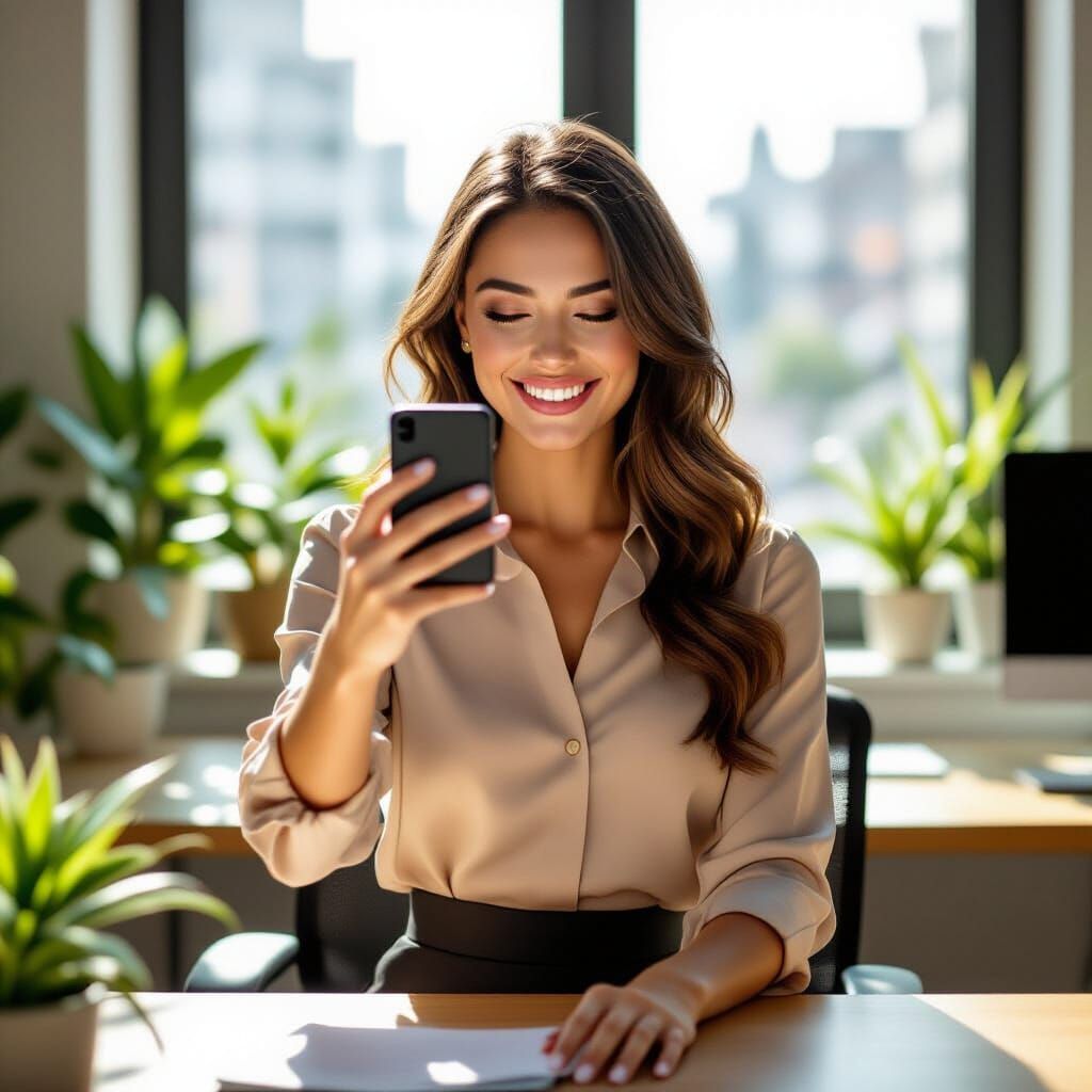 Secretary Takes Playful Selfie at Office Desk