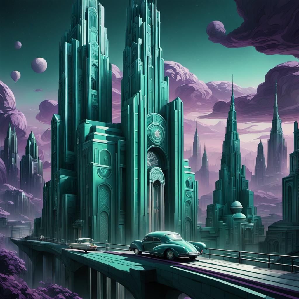 Futuristic Art Deco Metropolis with Femme Fatale