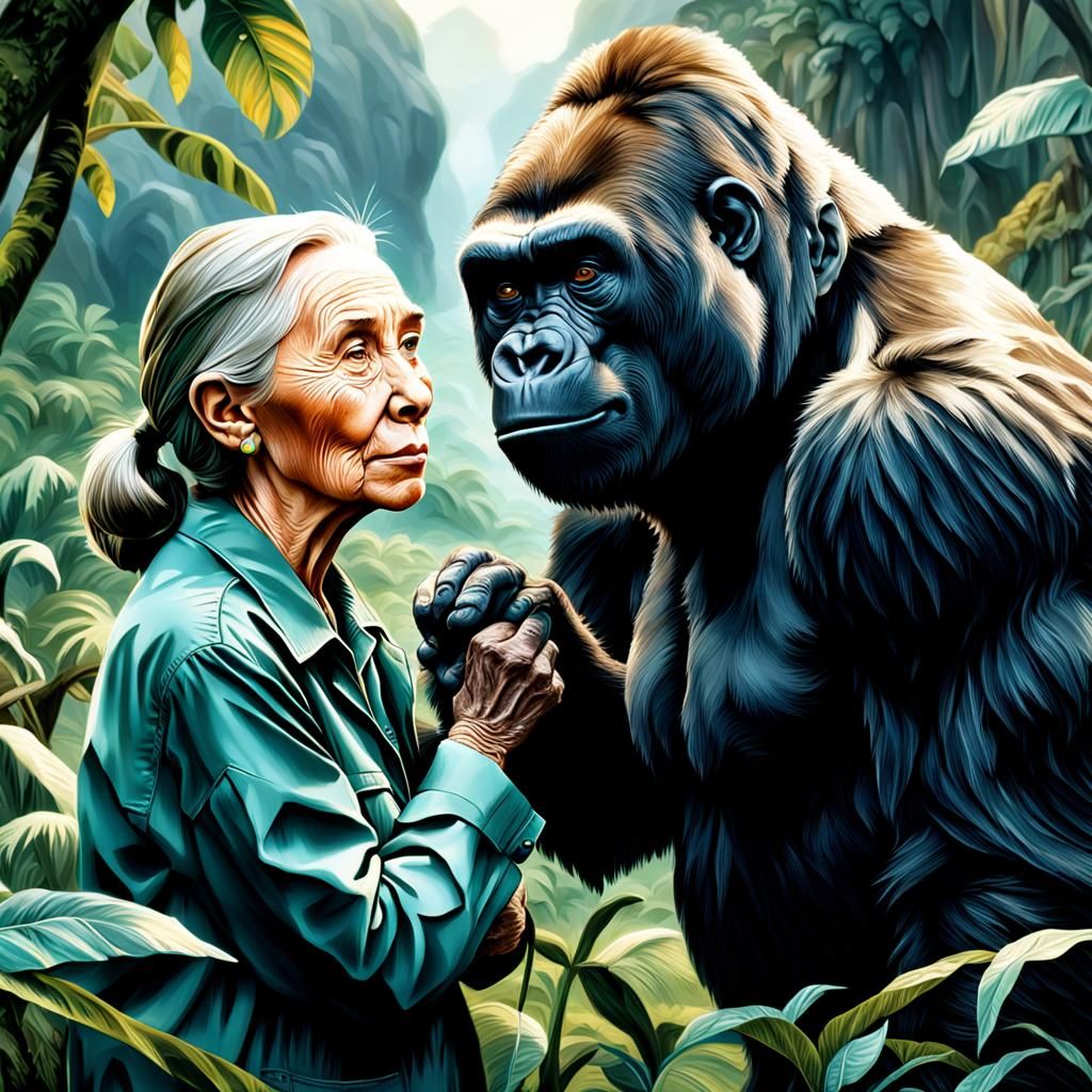 Jane Goodall and Gorilla: Hyperrealistic Digital Painting