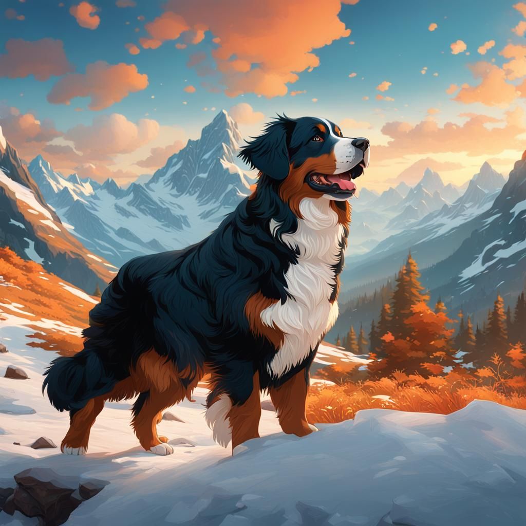 Bernese Mountain Dog in Mountains: Hyperdetailed Concept Art