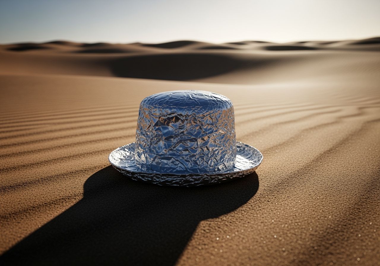 Tin foil hat laying on desert sand dunes
