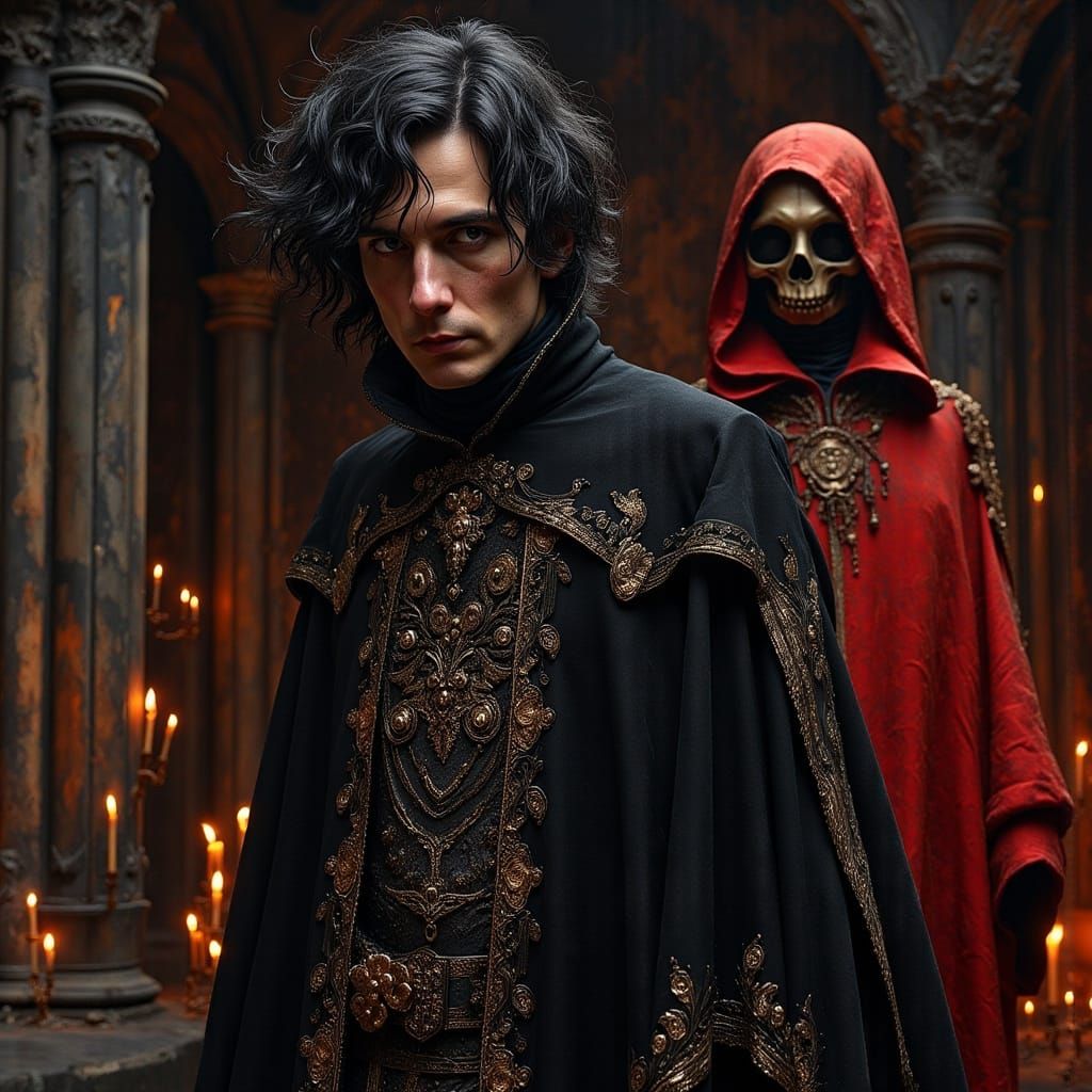 Ominous Figure in Scarlet Robe in Gothic Castle