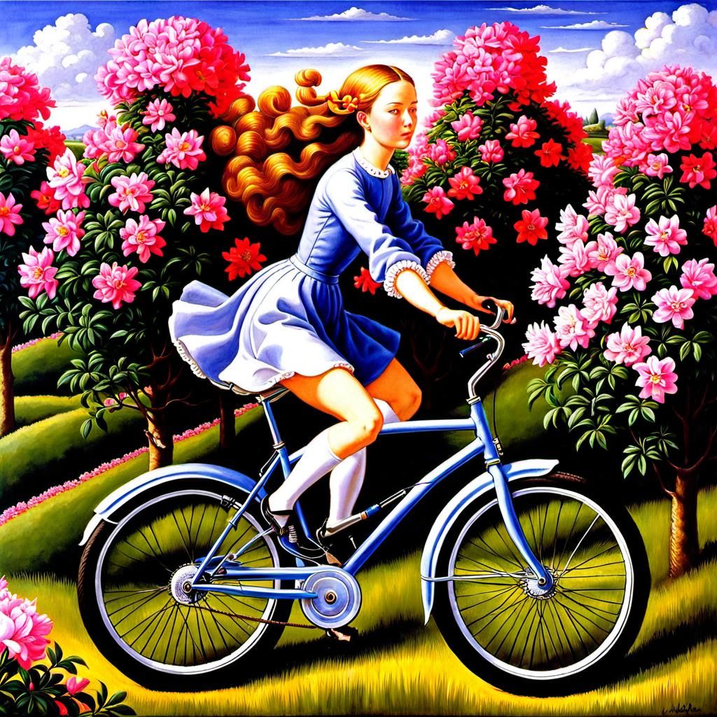 Girl Riding a Bike in an Azalea Field