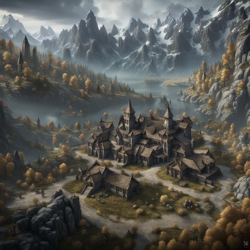 Skyrim Inspired Map in Detailed Matte Painting Style