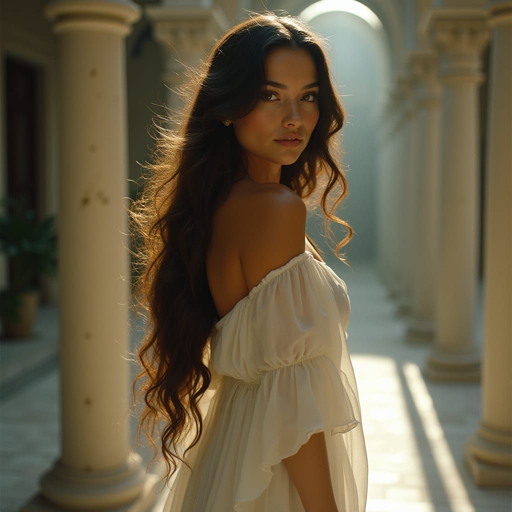 Elegant Greek Goddess in Flowing Gown, Film Style