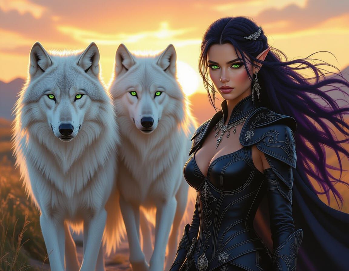 Elven Woman and Wolves at Sunset