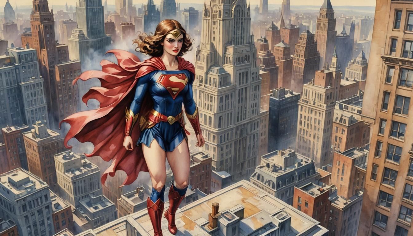 Superhero in Romantic Watercolor Art Deco Style