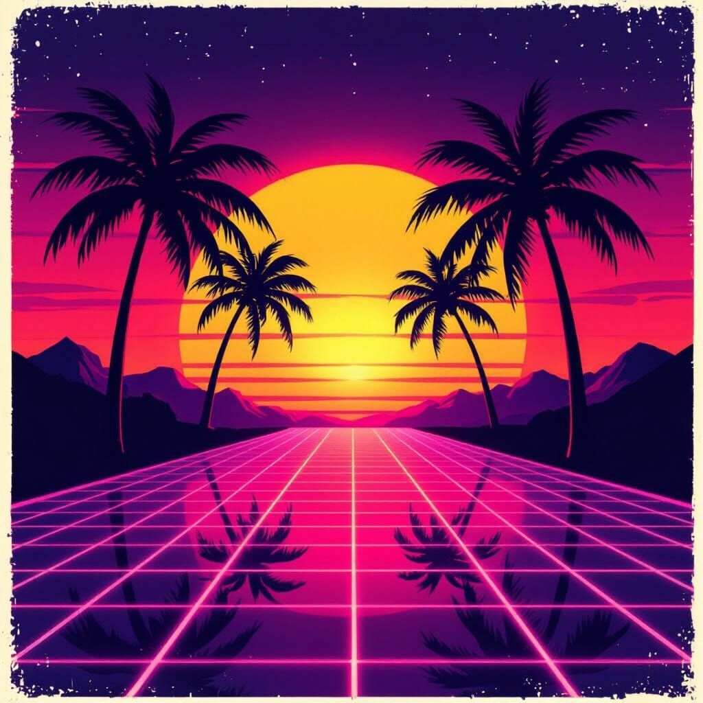 Neon Grid Sunset Poster with Palm Trees in Pop Art Style