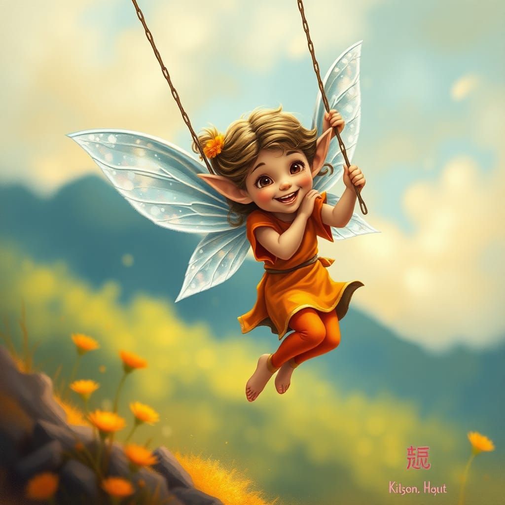 Elf Girl on Swing with Silver Wings