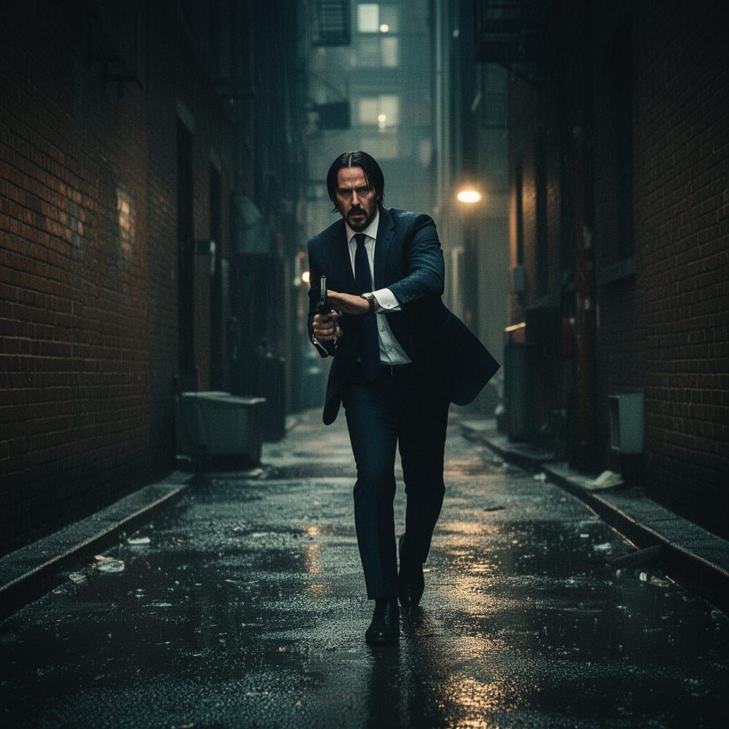 John Wick Hunts in Rain-Slicked Alleyway