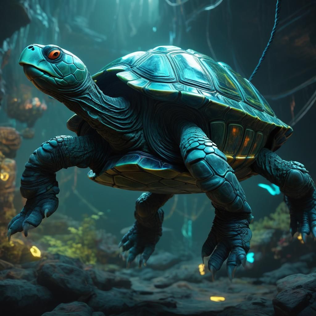 Luminescent Cave Turtle in Cassette Futurism Style