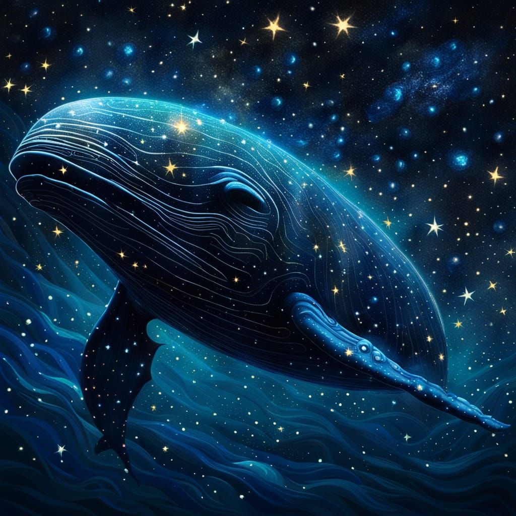 Celestial Whale Swimming Through Dark Ocean