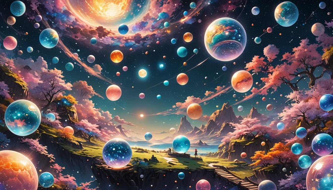 Surreal Cosmic Fantasy with Floating Worlds in Anime Style