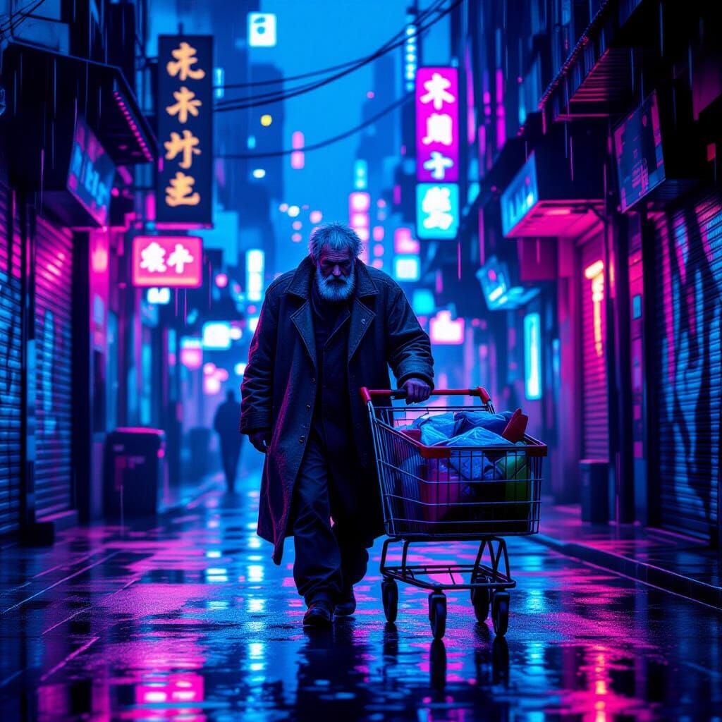 Homeless Man in Neon Cyberpunk City Alleyway