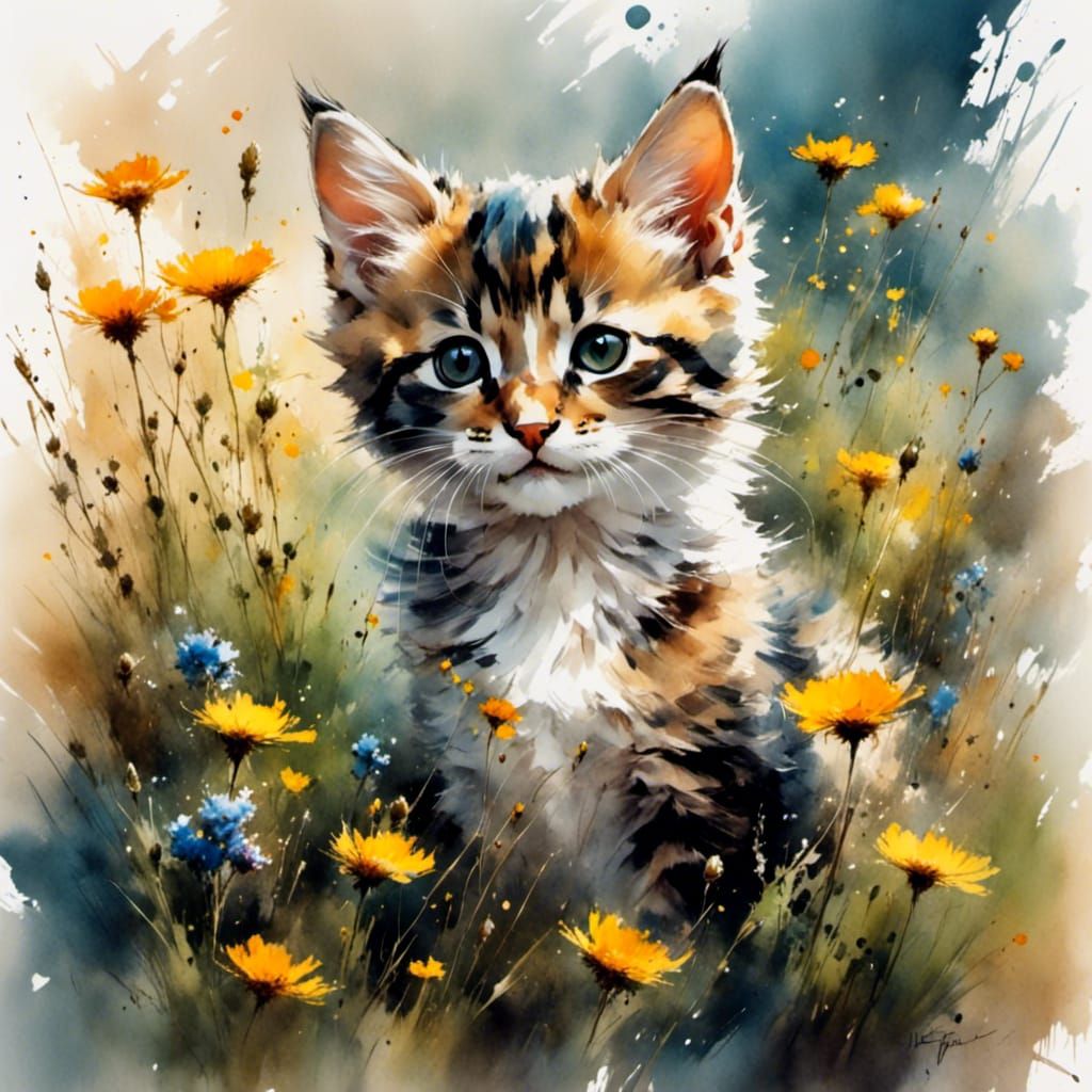Cute Kitten Surrounded by Wildflowers: Ink Sketch